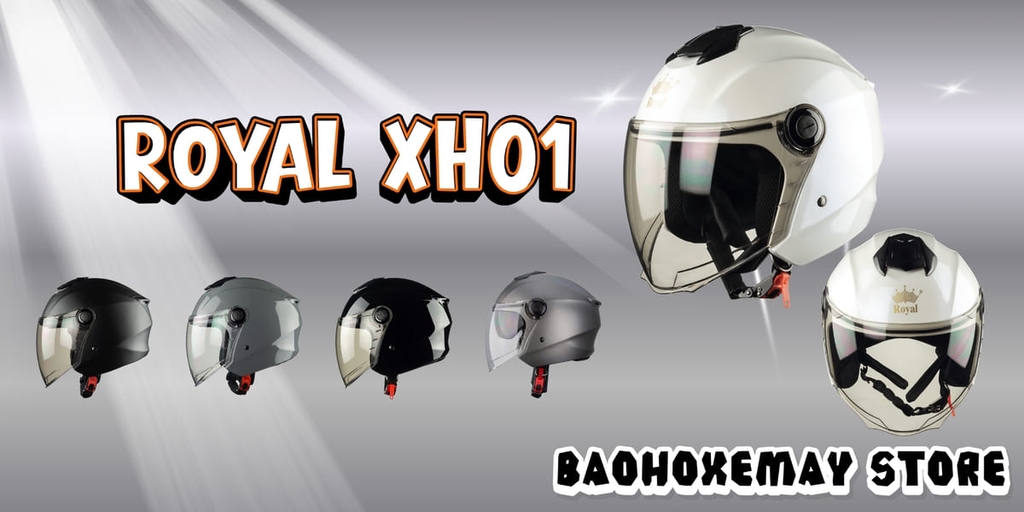 Banner mũ bảo hiểm Royal XH01 3/4 – các màu Titanium, trắng bóng, tem Thitipong, đen nhám – kính chắn gió chống tia UV, chính hãng Royal Helmet.