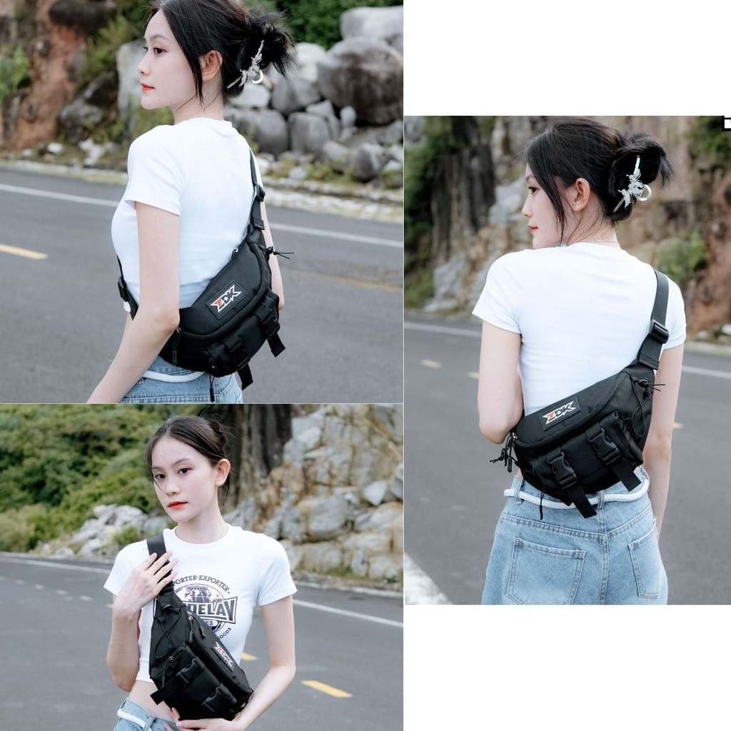 ảnh người mẫu đeo túi màu đne