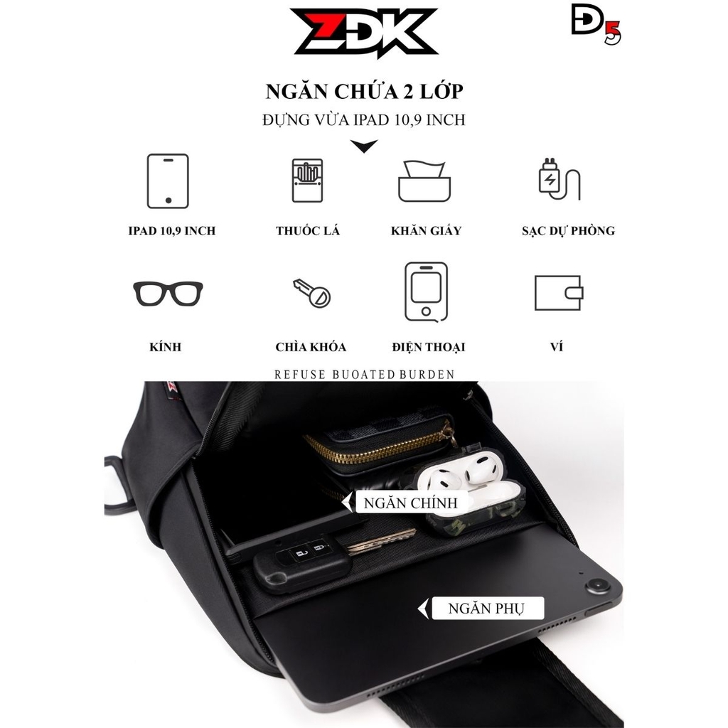 Ngăn chứa lớn – đựng iPad 10.9", ví, điện thoại