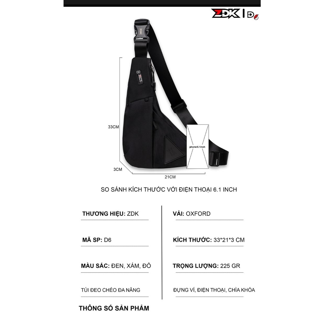kích thướt chi tiết túi zdk d6 chính hãng