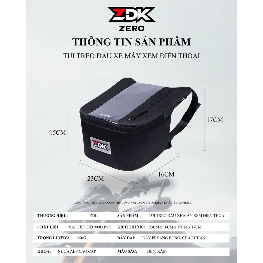 chi tiết kích thướt, chất liệu túi ZDK Zero