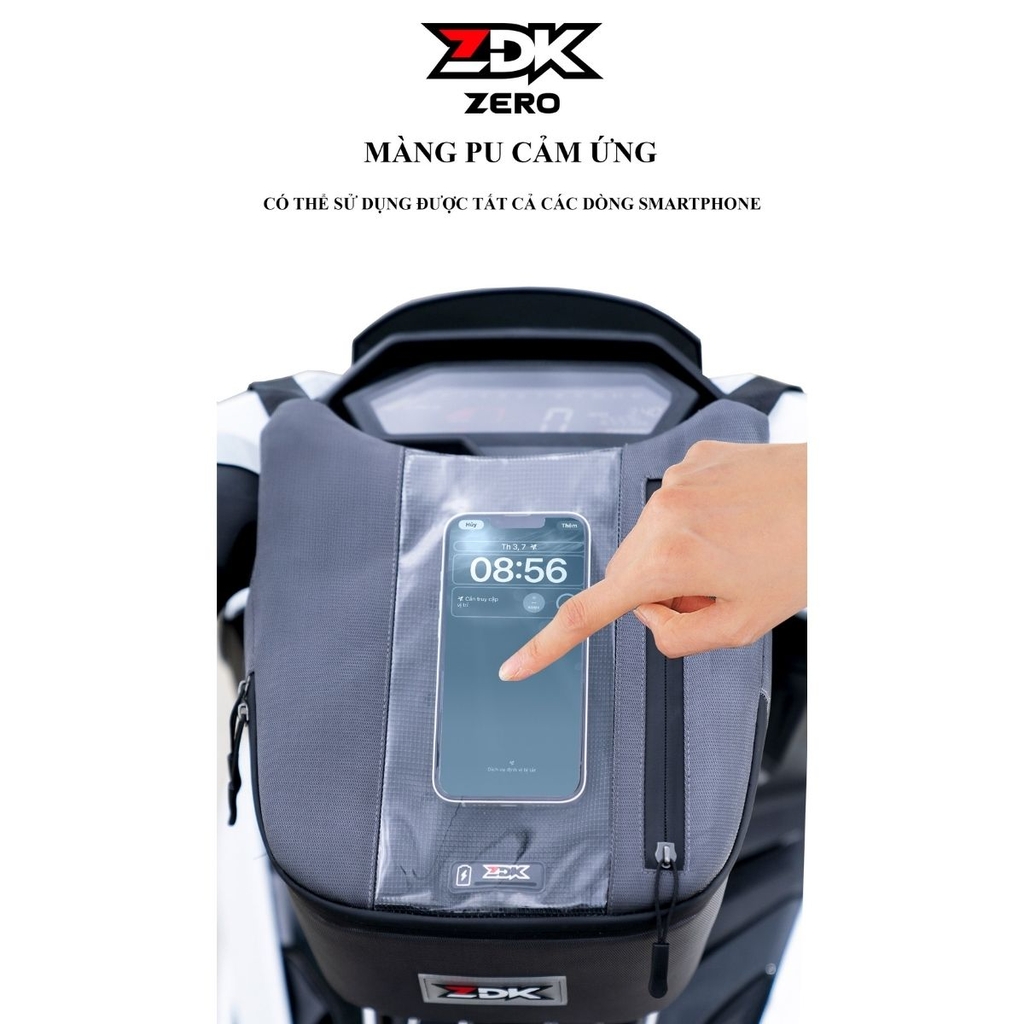 Ngăn điện thoại trên túi ZDK Zero sử dụng màng PU trong suốt, cảm ứng nhạy để bạn xem bản đồ và thao tác dễ dàng.