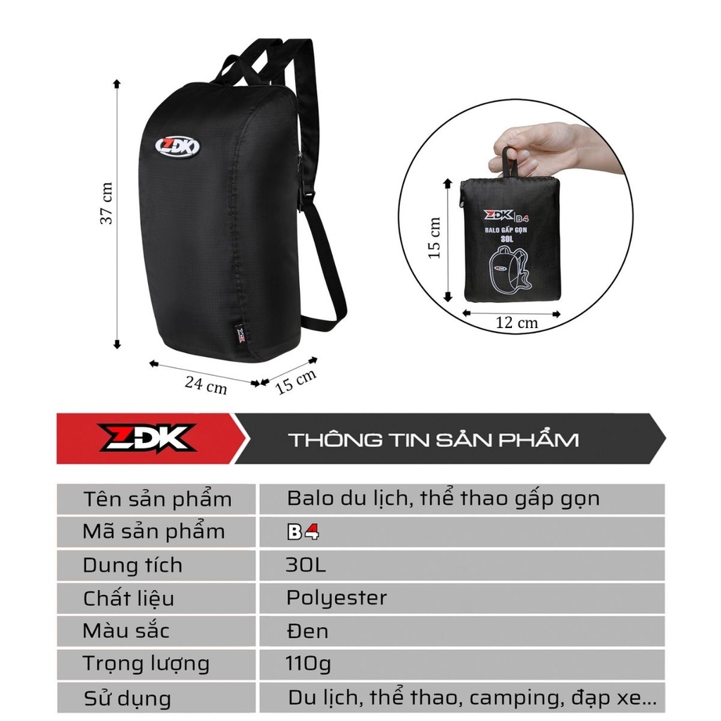 Balo gấp gọn ZDK B4 – balo du lịch thể thao kháng nước 30L siêu nhẹ