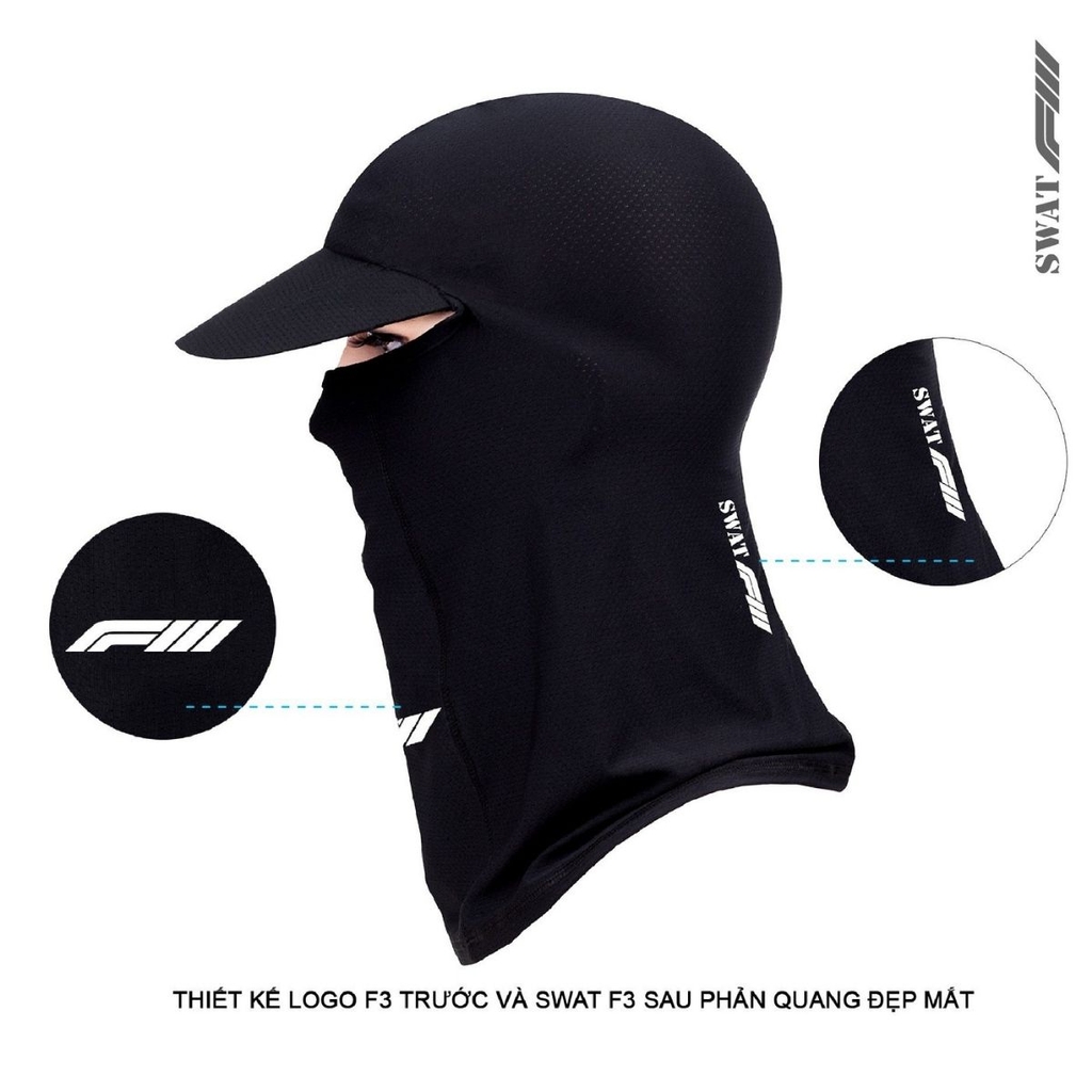 Khăn Trùm Đầu SWAT F3 – Vải Kim Cương Cotton Polyester Spandex, Co Giãn 4 Chiều, Logo Phản Quang, Chống Nắng Hiệu Quả
