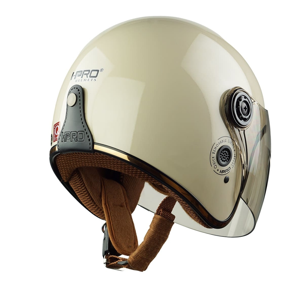 Mũ bảo hiểm 3/4 HPRO HP04K – Màu Kem Bóng, kính trà khói, chuẩn Quatest