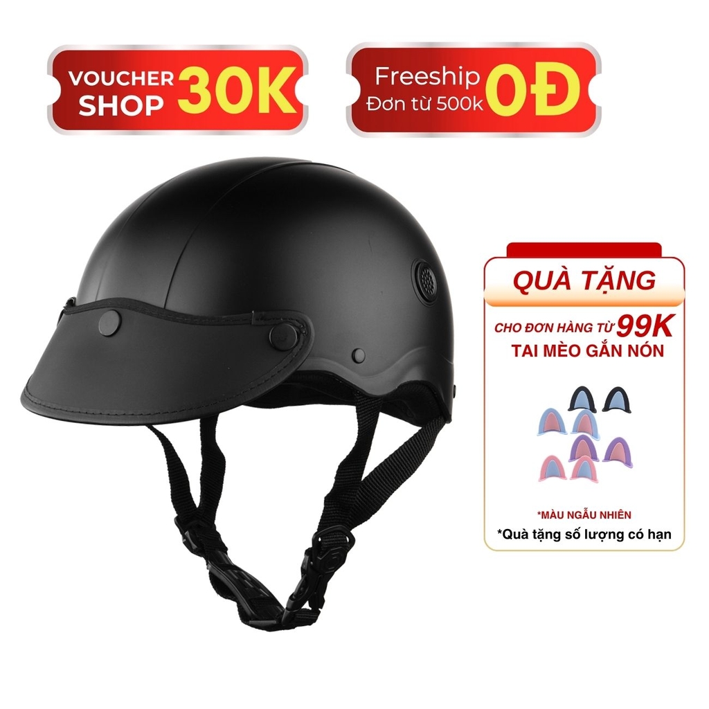Mũ Bảo Hiểm Nửa Đầu HP02B Đen Nhám – Kèm Kính Bogo & Kính Nửa Mặt – Đạt Chuẩn Quatest 2