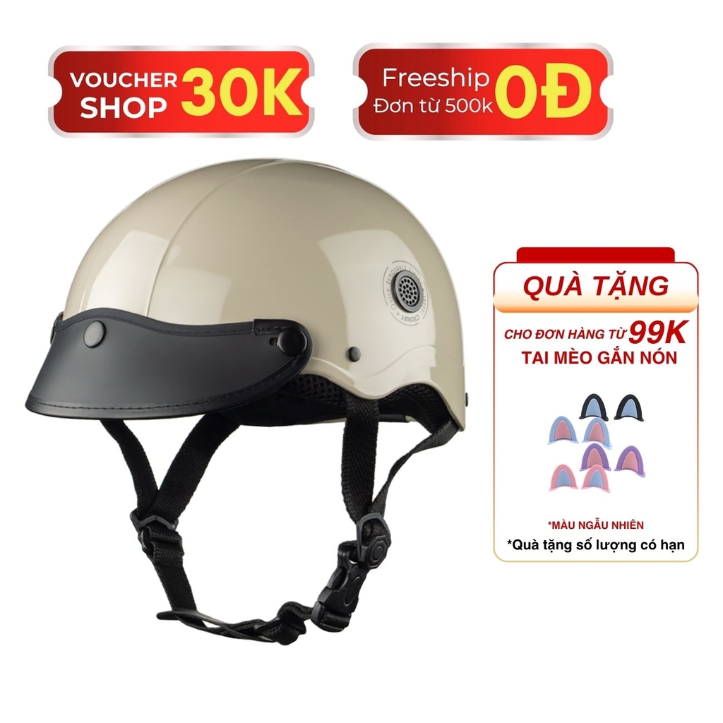 Mũ Bảo Hiểm Nửa Đầu HP02B Màu Kem Bóng – Gắn Kính Bogo & Kính Nửa Mặt, Chính Hãng HP Helmets
