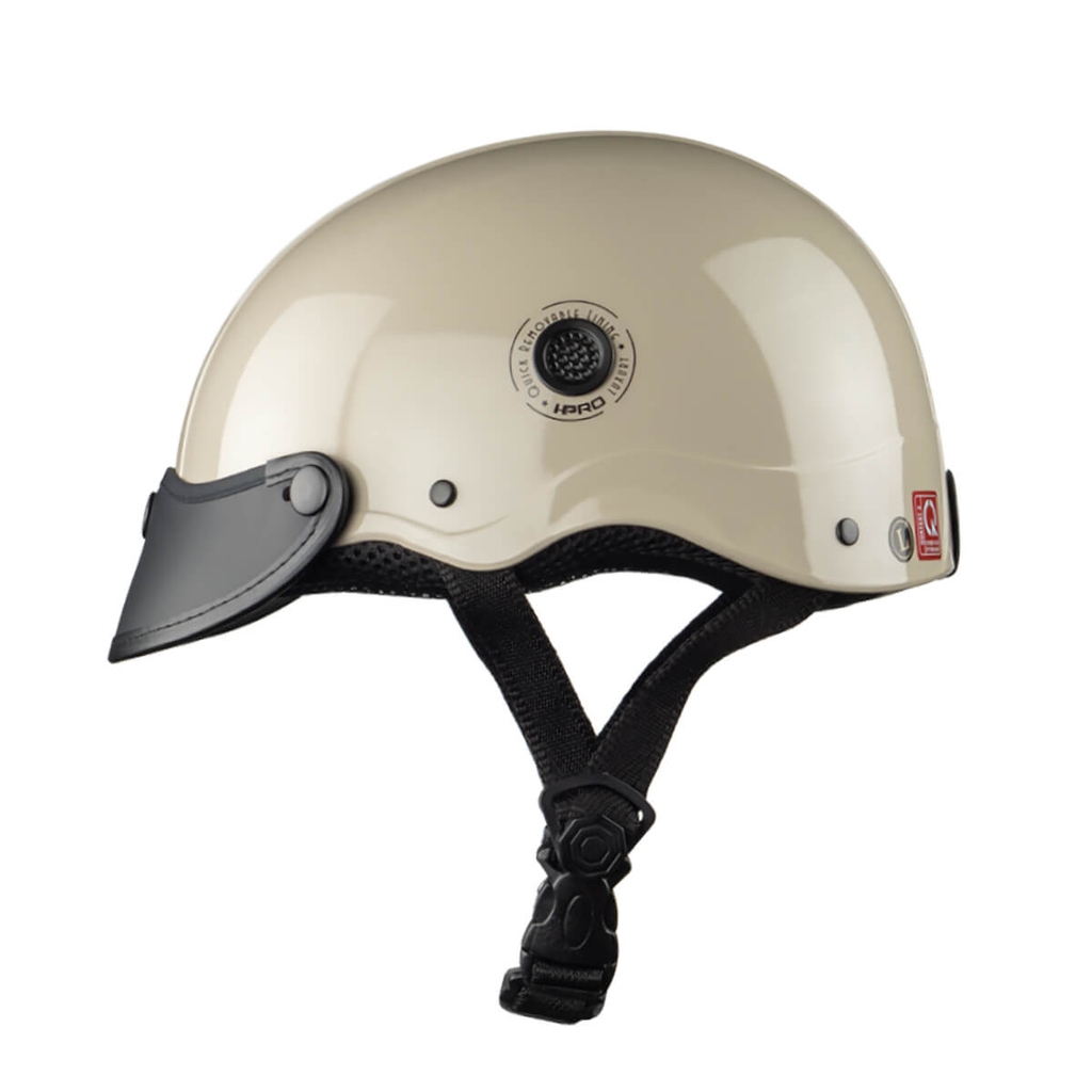 Mũ Bảo Hiểm Nửa Đầu HP02B Màu Kem Bóng – Gắn Kính Bogo & Kính Nửa Mặt, Chính Hãng HP Helmets