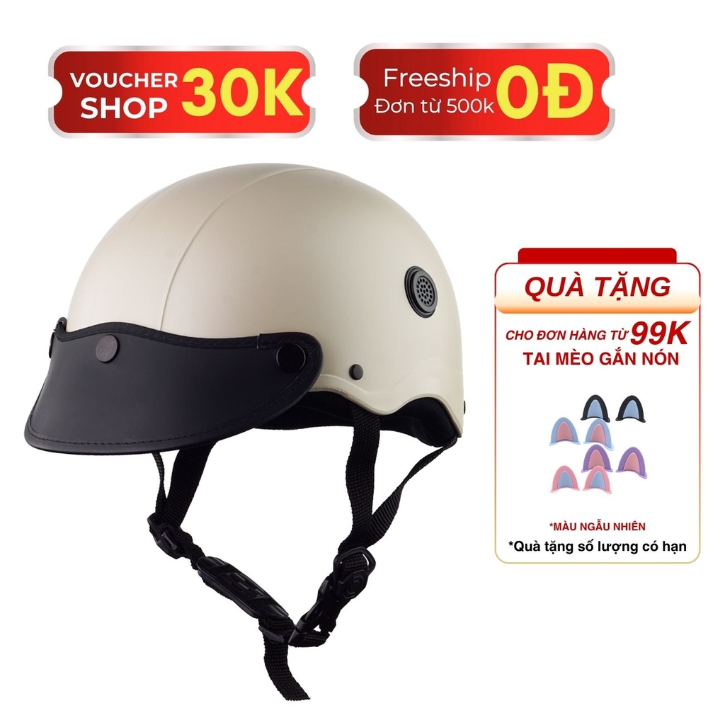 Mũ Bảo Hiểm Nửa Đầu HP02B Màu Kem Nhám – Gắn Kính Bogo & Kính Nửa Mặt, Chính Hãng HP Helmets
