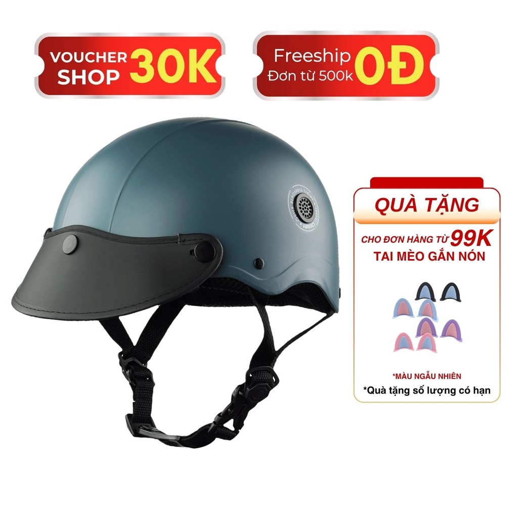 Mũ Bảo Hiểm Nửa Đầu HP02B Màu Xanh Xi Măng Nhám -Gắn Kính Bogo & Kính Nửa Mặt – Nhẹ