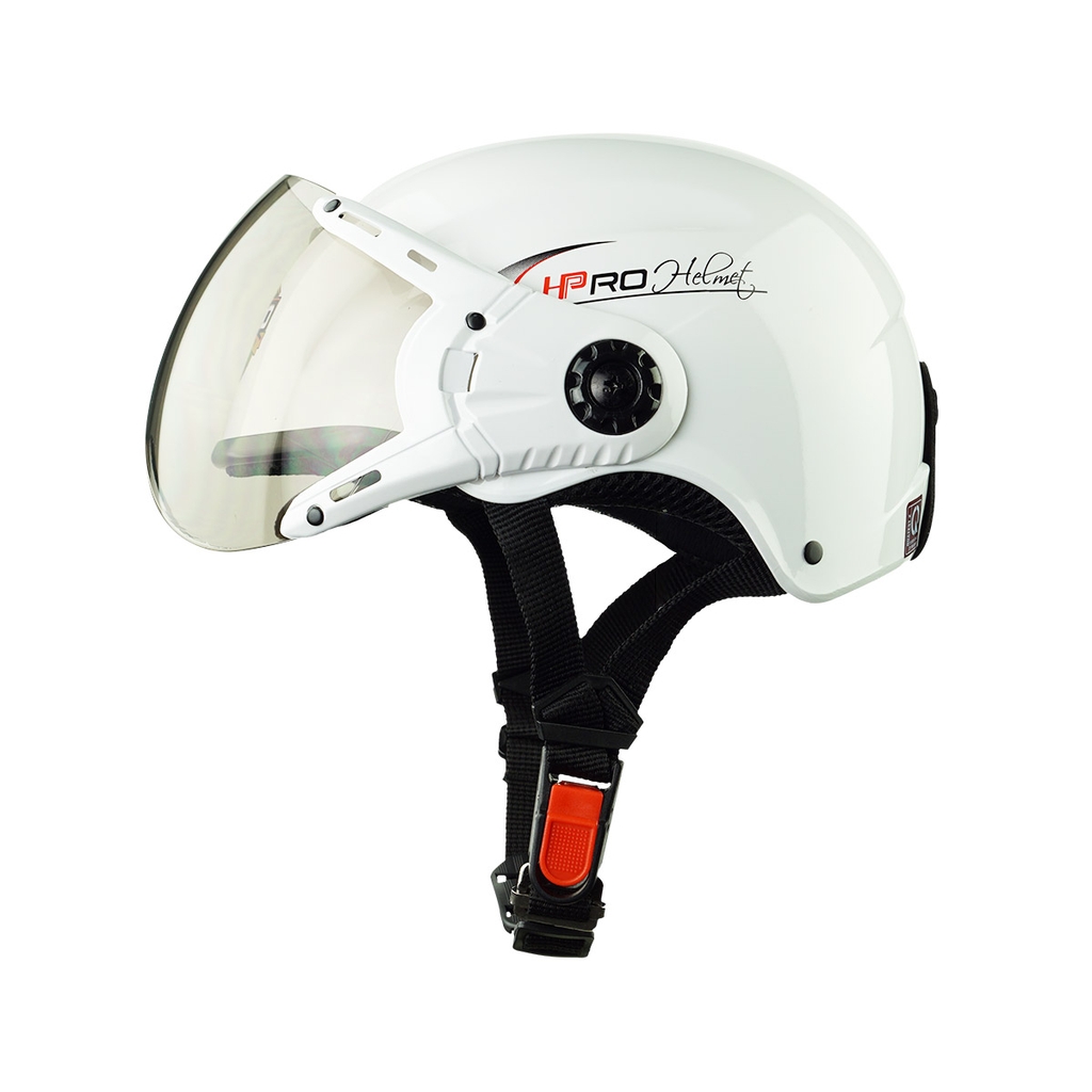 Mũ Bảo Hiểm Nửa Đầu Có Kính HPPRO HP01K Màu Trắng Bóng – Free Size 55–60cm – Chính Hãng