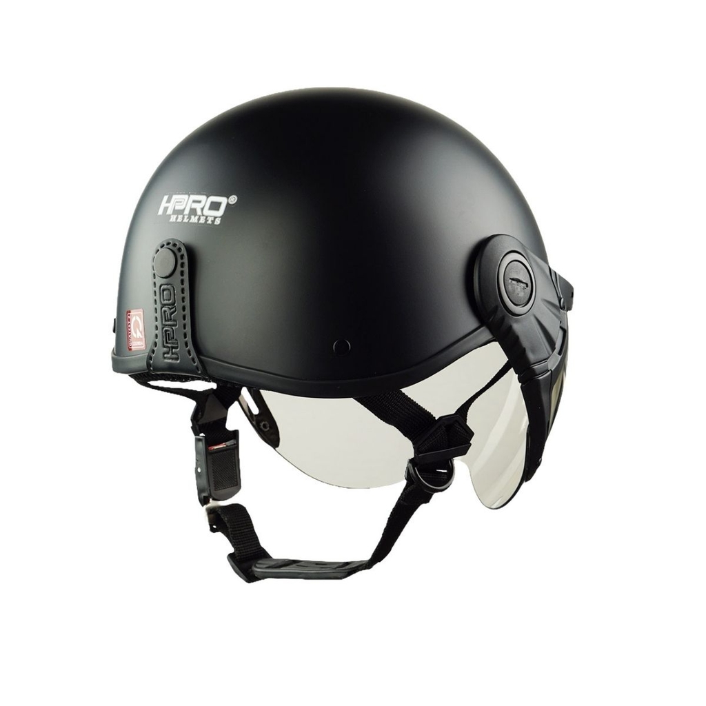 Mũ Bảo Hiểm Nửa Đầu Có Kính HP03K Đen Nhám – Chính Hãng HPPRO, Kính Trà PC Chống UV