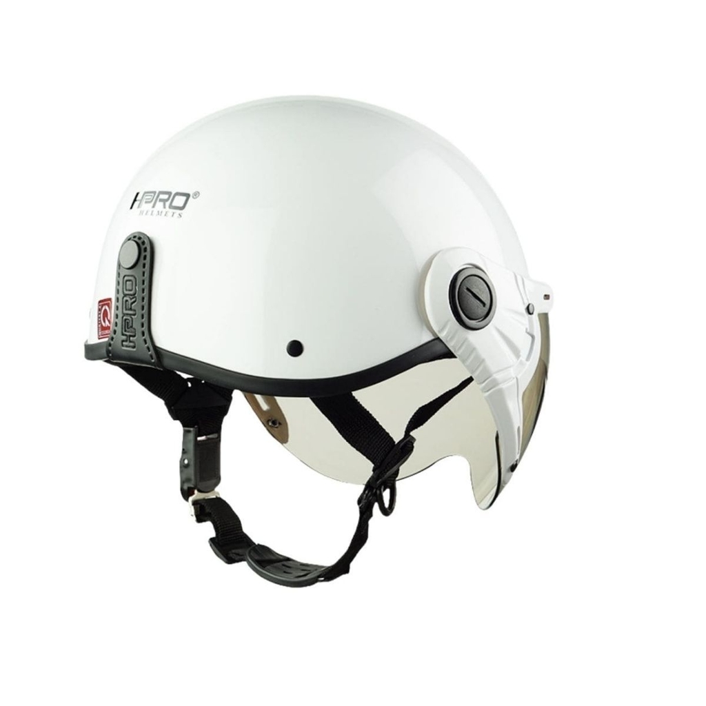 Mũ Bảo Hiểm Nửa Đầu Có Kính HP03K Trắng Bóng – HPPRO Helmets, Freesize 54–58cm, Kính PC Chống UV
