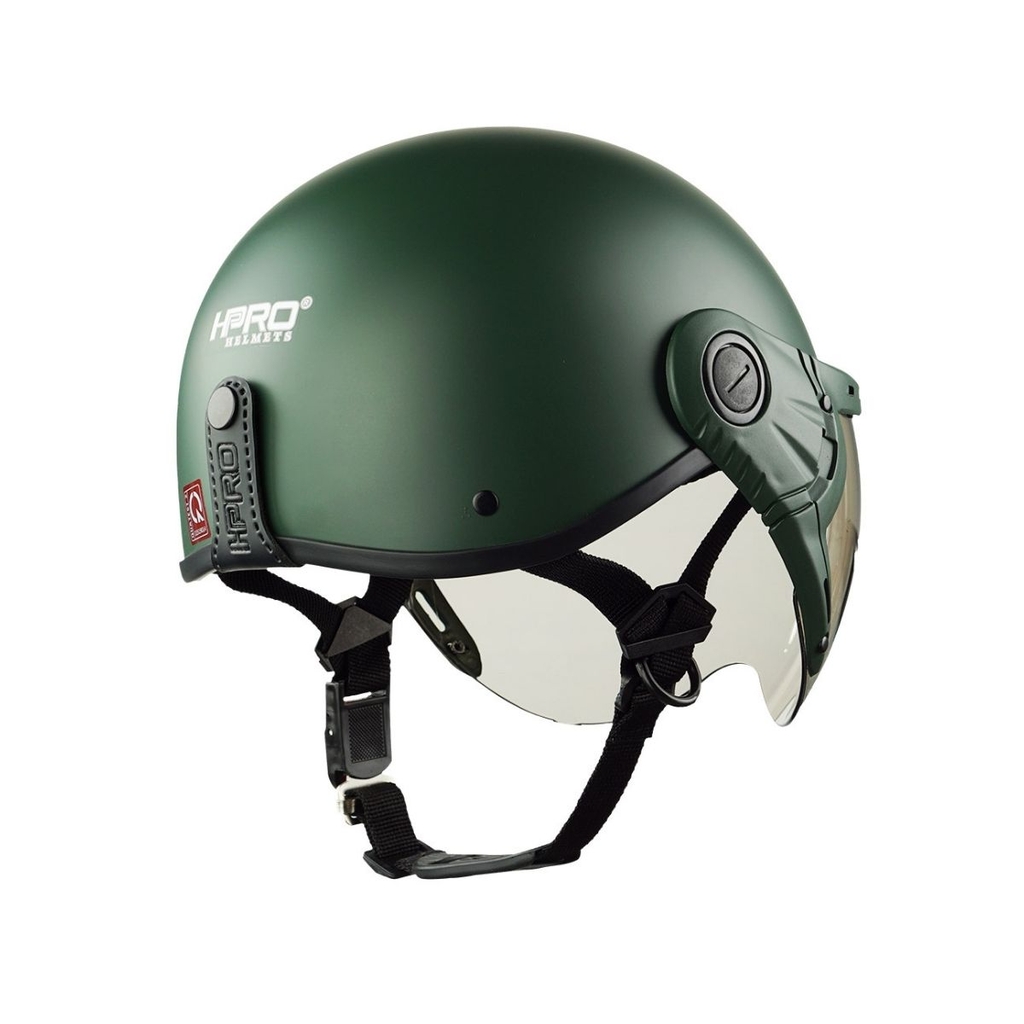 Mũ Bảo Hiểm Nửa Đầu Có Kính HP03K Xanh Lính Nhám – Nhựa ABS Cao Cấp, Kính Trà Chống UV, Chính Hãng HPPRO