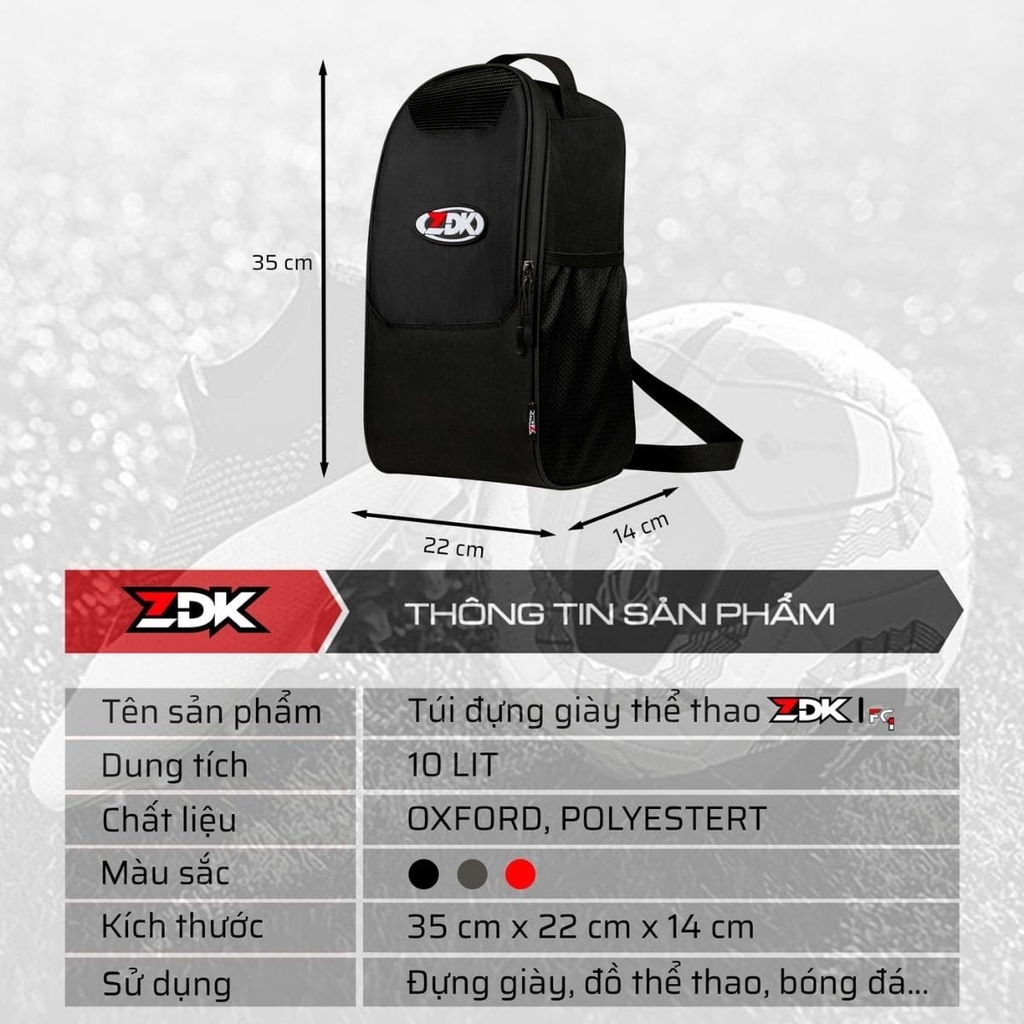 Túi Đựng Giày Thể Thao ZDK FC1 Chính Hãng – Form Đứng Cứng Cáp, Dung Tích 10L, Thoáng Khí