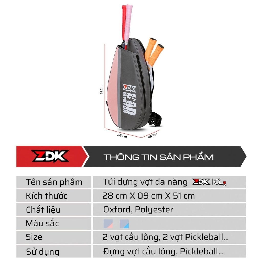 Túi Đựng Vợt Cầu Lông & Pickleball ZDK CL-3 – 2 Ngăn Tiện Dụng, Dây Đeo Tuỳ Chỉnh, Thời Trang