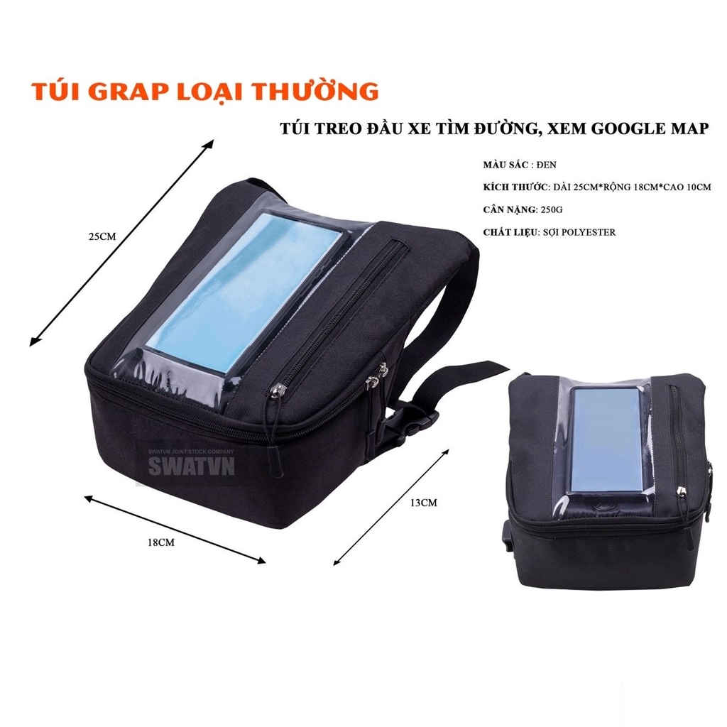 Túi Grab Treo Đầu Xe Máy Dọc – Cảm Ứng Mượt, Kết Nối Dây Sạc, 2 Ngăn Tiện Lợi Cho Shipper