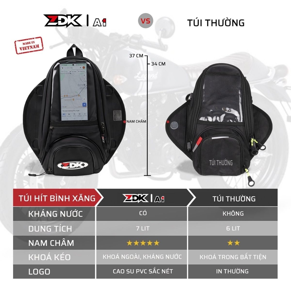 Túi Hít Bình Xăng ZDK A1 – Da Simili Kháng Nước, Nam Châm Vĩnh Cửu, Cảm Ứng Điện Thoại 7L đa năng