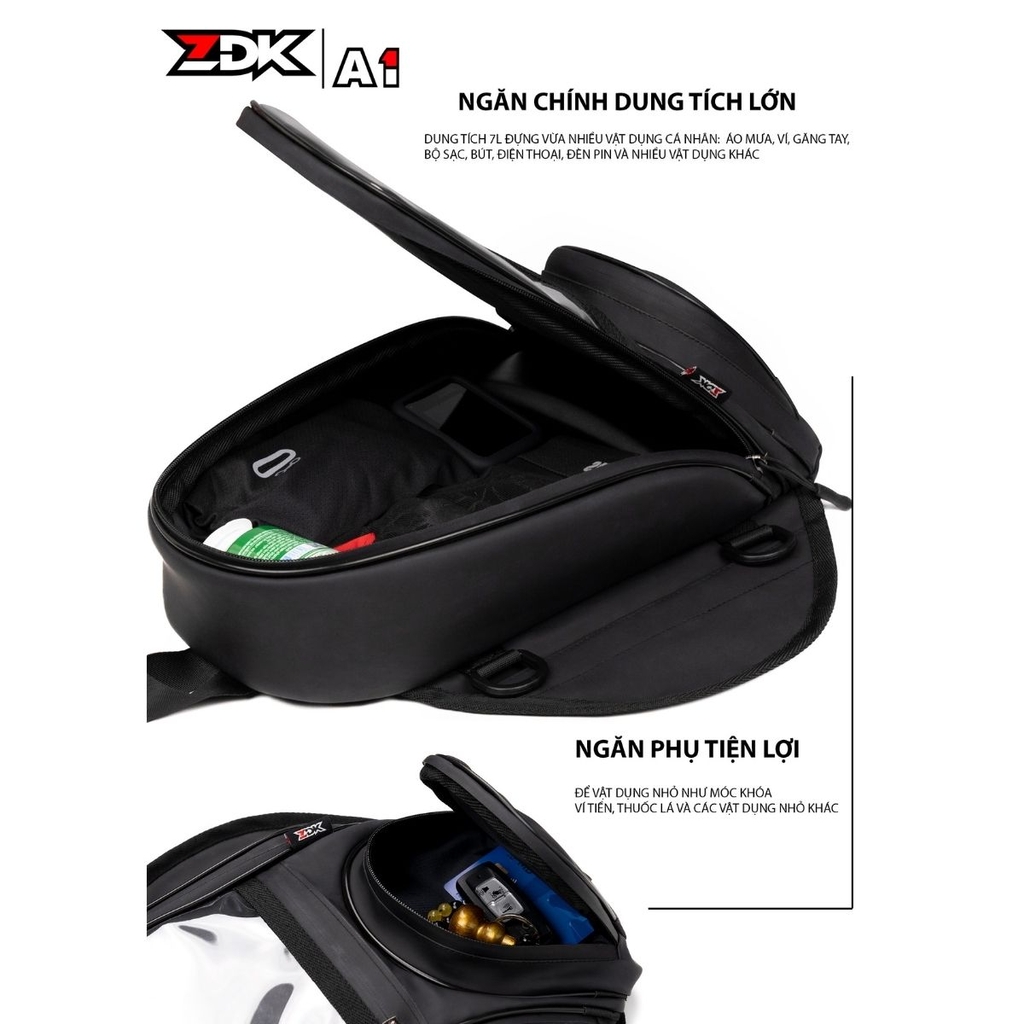 Túi Hít Bình Xăng ZDK A1 – Da Simili Kháng Nước, Nam Châm Vĩnh Cửu, Cảm Ứng Điện Thoại 7L đa năng