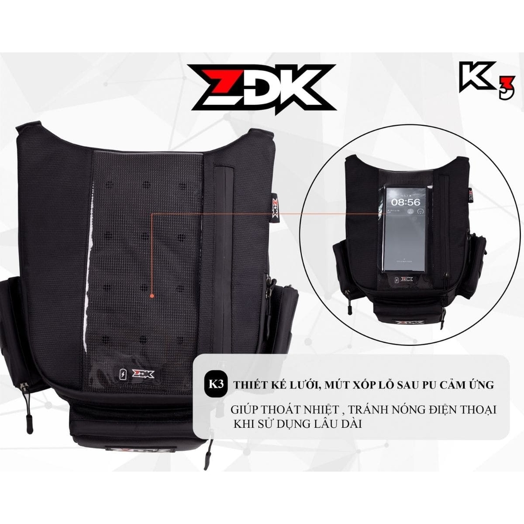 Túi Treo Đầu Xe Máy ZDK K3 Đựng Điện Thoại, Cảm Ứng Mượt, Ngăn Rộng 10L, Có Cổng Sạc
