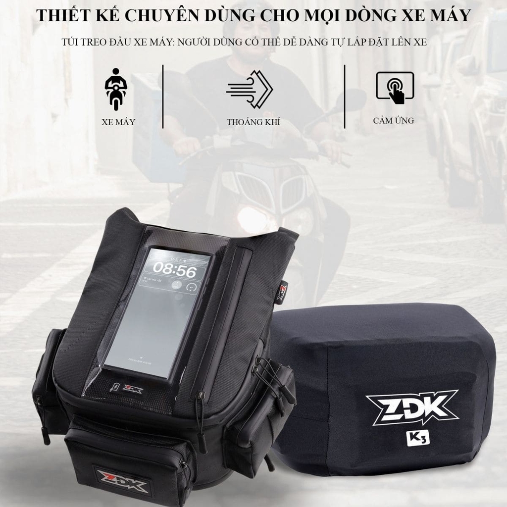 Túi Treo Đầu Xe Máy ZDK K3 Đựng Điện Thoại, Cảm Ứng Mượt, Ngăn Rộng 10L, Có Cổng Sạc