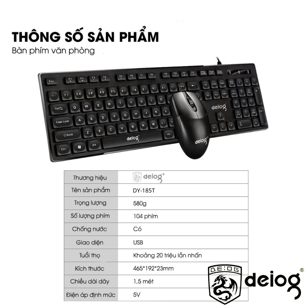 Combo bàn phím chuột văn phòng DEIOG DY-815T hàng chính hãng công thái học 1000DPI