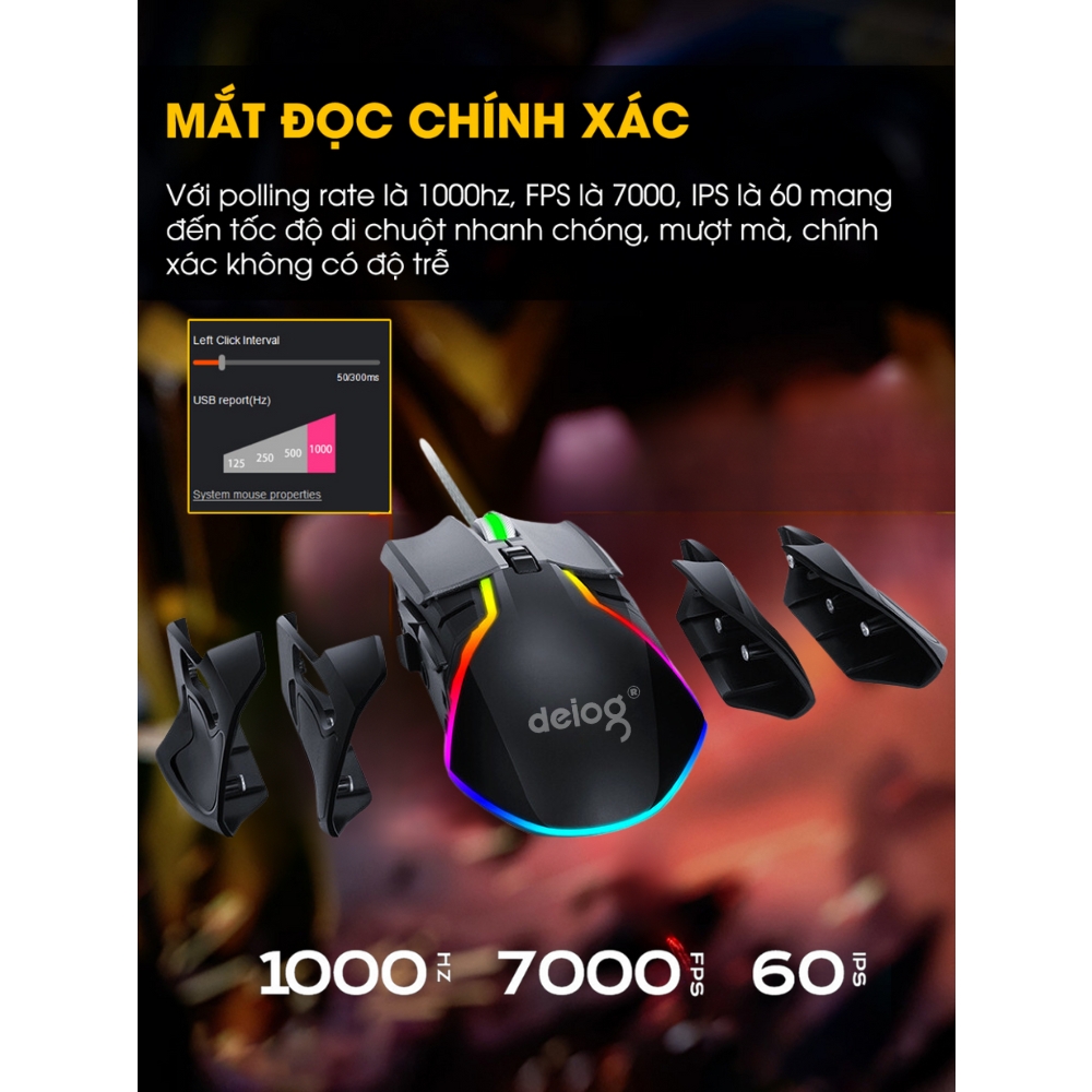 Chuột Gaming G7 Mouse App Macro chính hãng Deiog Led RGB 16 Triệu Màu DPI 6400 Dành Cho Game Thủ Thiết Kế Công Thái Học Mới