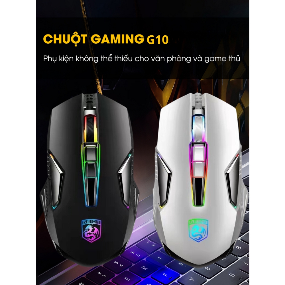 Chuột gaming chính hãng DEIOG G10 silent LED RGB 4000 dpi cho máy tính vi tính laptop chơi game pc