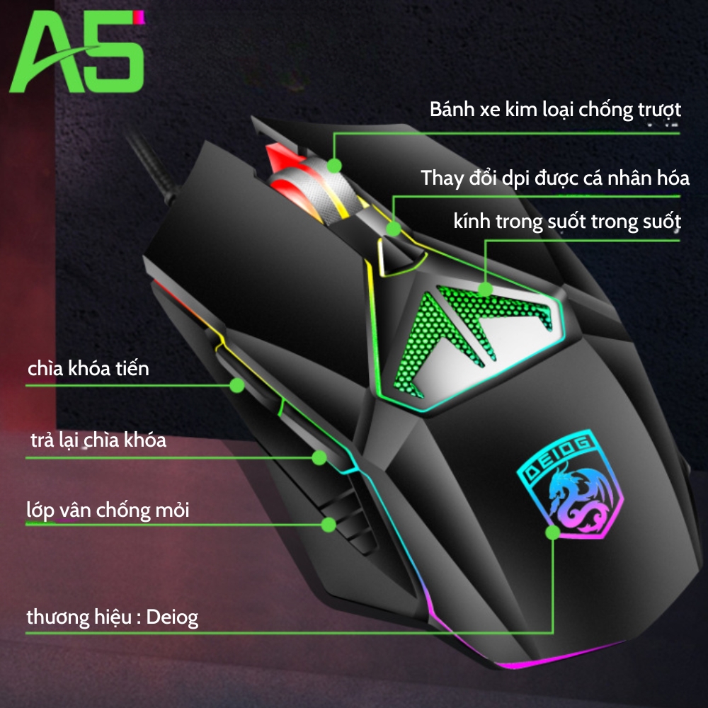 Chuột Gaming Chính Hãng DEIOG A5 Có Dây Cao Cấp Led RGB 7 Chế Độ Thiết Kế Hầm Hố Phù Hợp PC Laptop