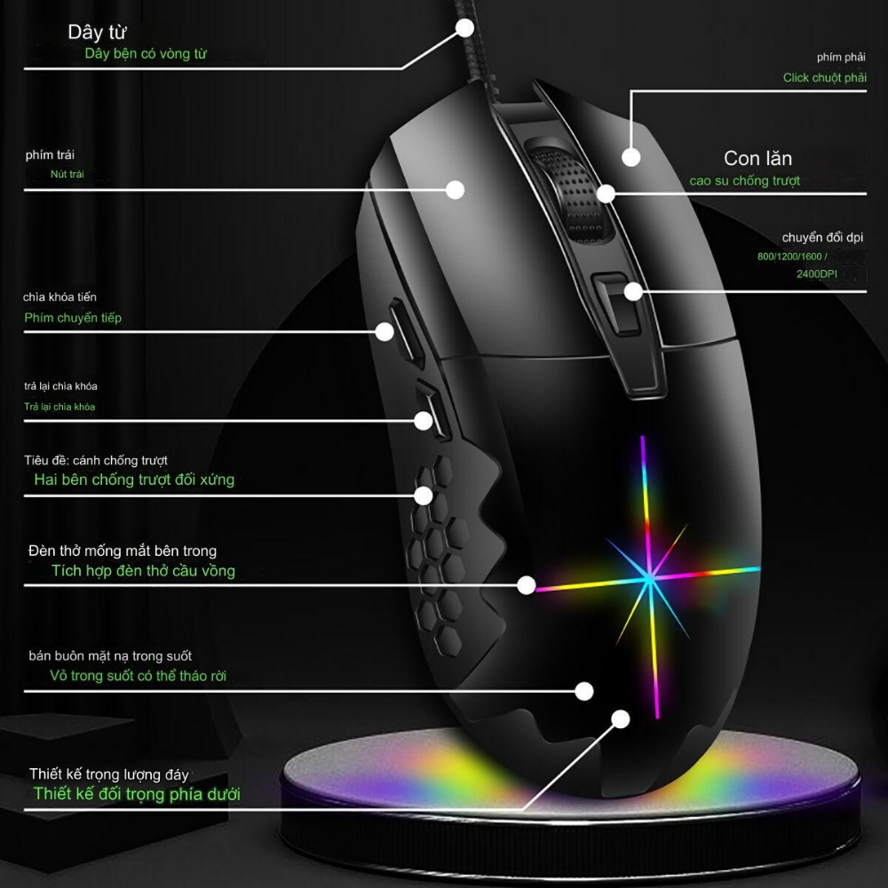 Chuột gaming silent chính hãng Deiog A6 DPI 16000 led rgb 6 nút điều chỉnh quang học