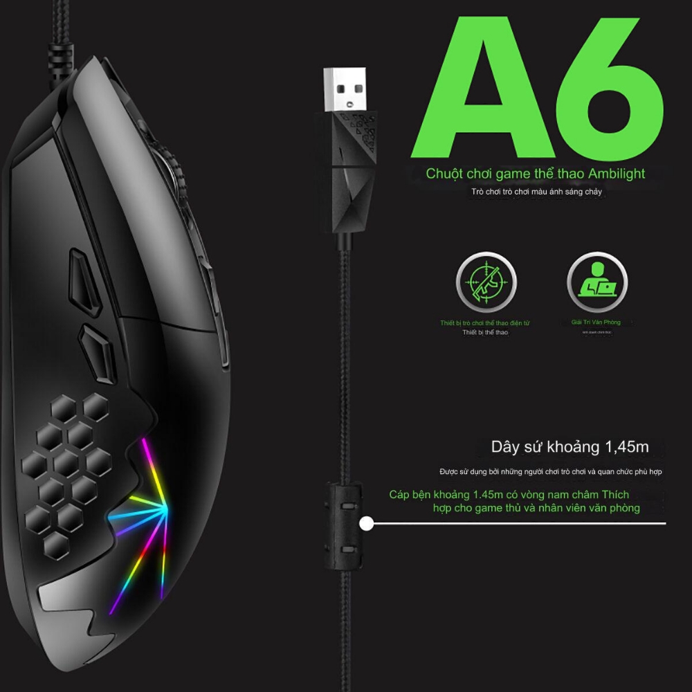 Chuột gaming silent chính hãng Deiog A6 DPI 16000 led rgb 6 nút điều chỉnh quang học