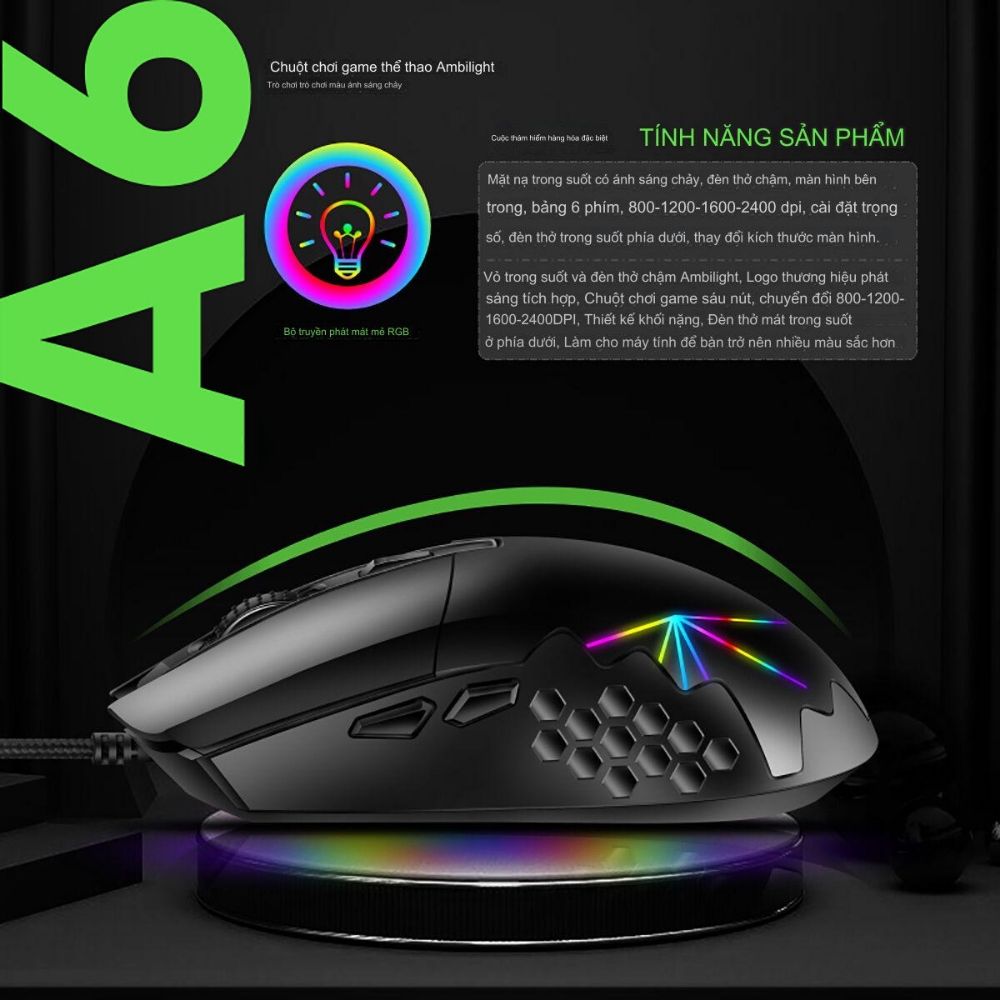 Chuột gaming silent chính hãng Deiog A6 DPI 16000 led rgb 6 nút điều chỉnh quang học