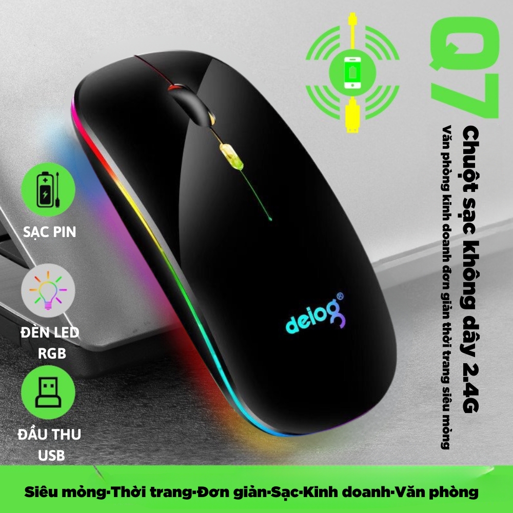 Chuột bluetooth + 2.4GHZ chính hãng DEIOG Q7 phiên bản 5.0 DPI 1600 led RGB tích hợp sạc pin dùng lâu chống ồn