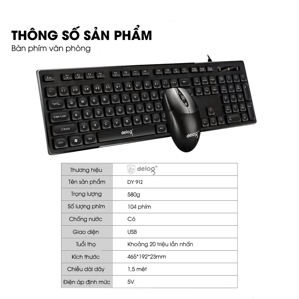 Combo bàn phím chuột máy tính chính hãng DEIOG DY 912 có dây full size 104 key gõ phím nhanh chống nước tốt giả cơ gaming văn phòng 2024