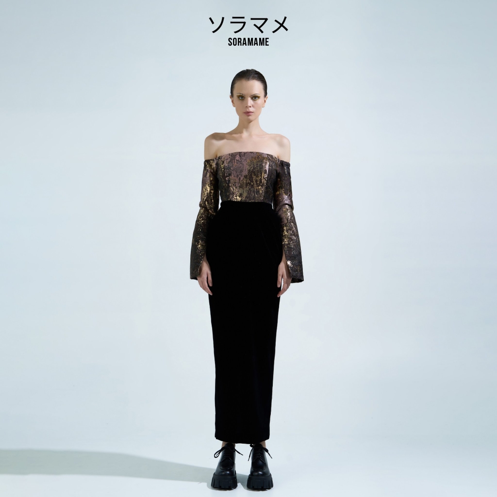 OFF - SHOULDER BROCADE EVENING DRESS
