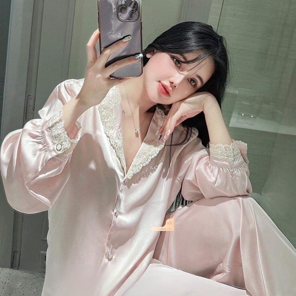 Bộ ngủ pyjamas lụa satin cao cấp hồng ren