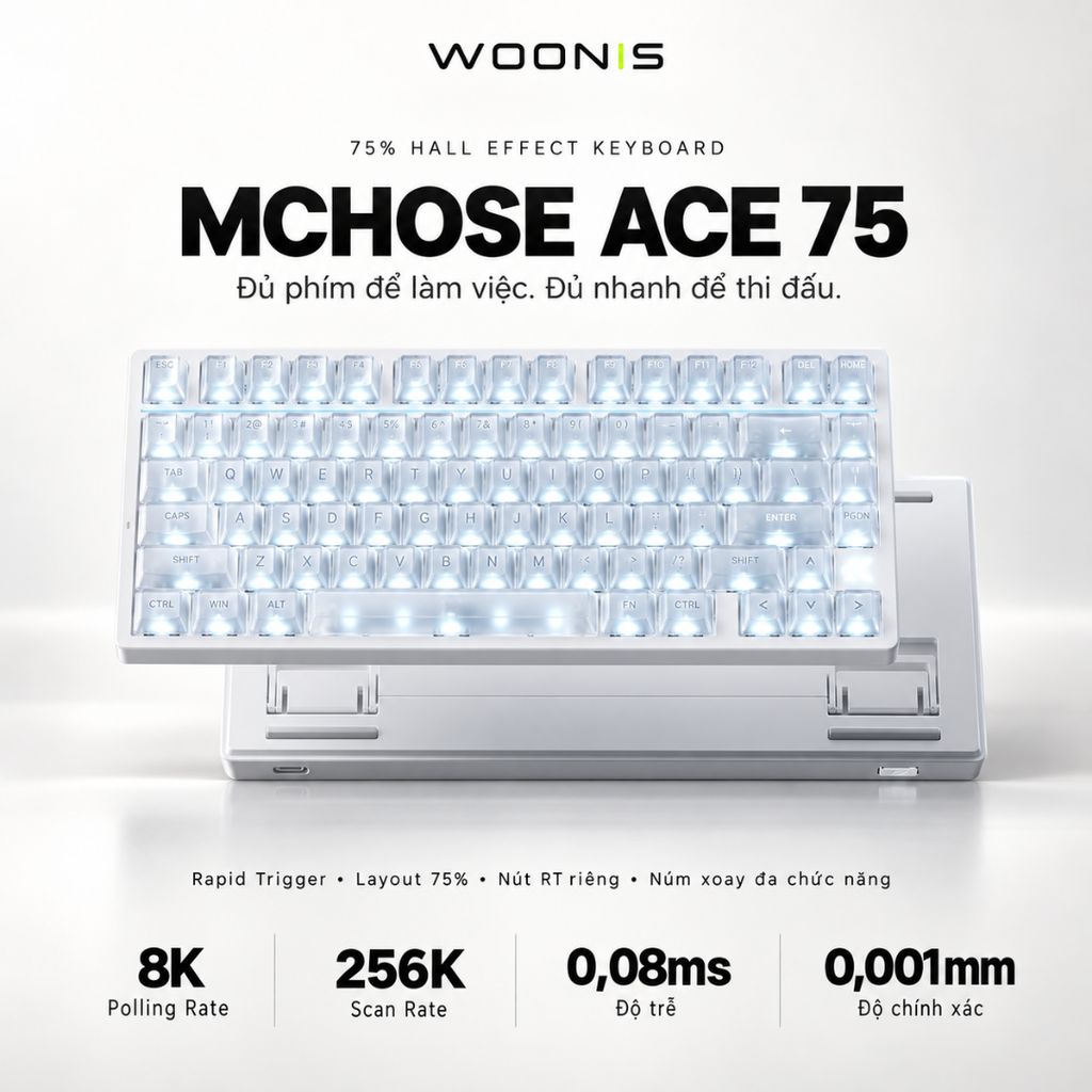 MCHOSE ACE 75 | Bàn Phím Gaming HE Chuyên Game 8K | Scan Rate 256K, Độ Trễ 0.08ms, Accuracy 0.001mm, RGB 16.8 Triệu Màu