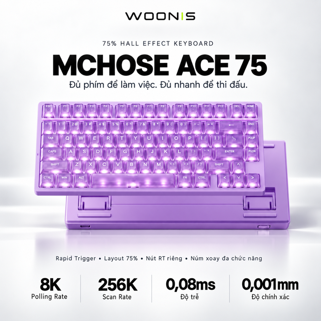 MCHOSE ACE 75 | Bàn Phím Gaming HE Chuyên Game 8K | Scan Rate 256K, Độ Trễ 0.08ms, Accuracy 0.001mm, RGB 16.8 Triệu Màu