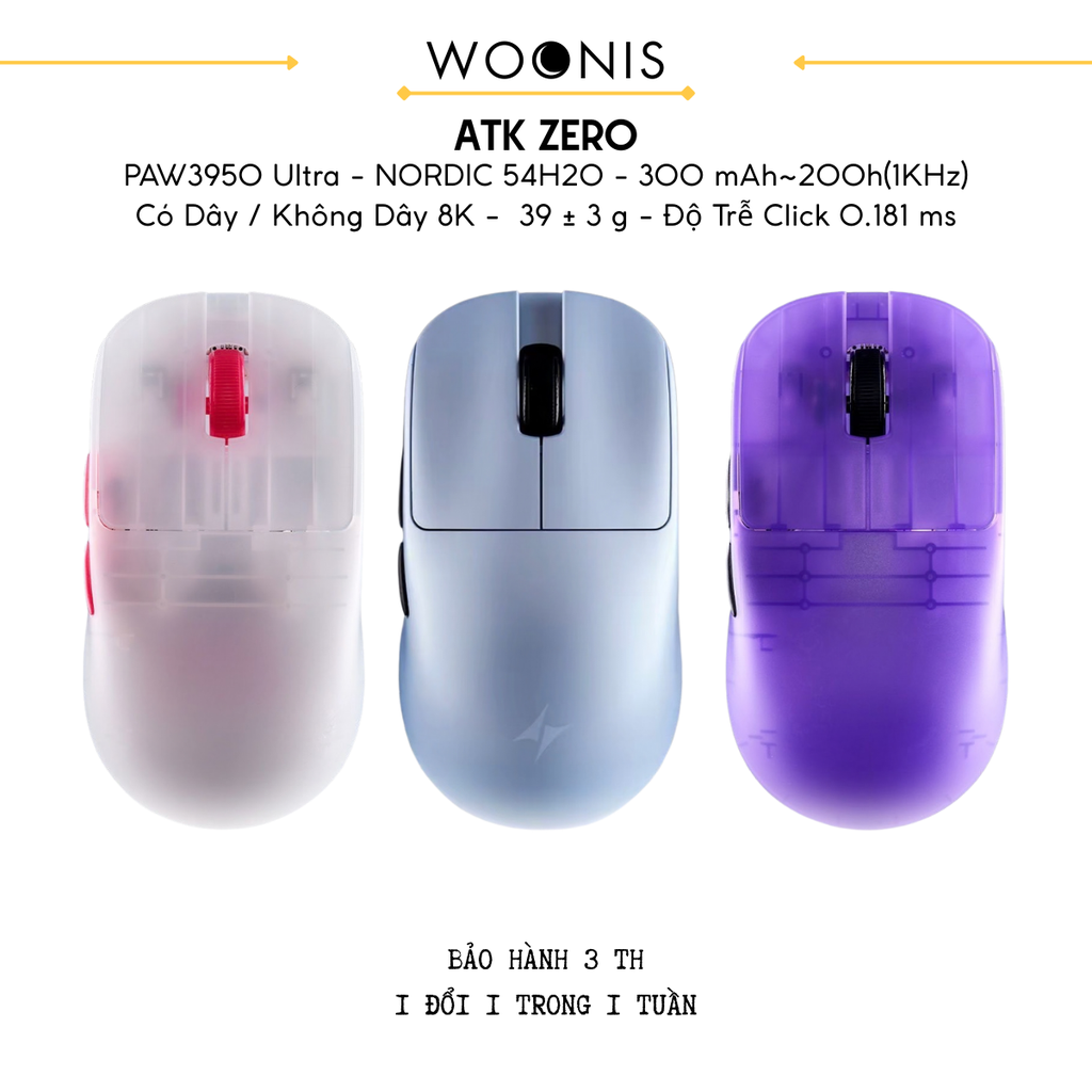 Các màu chuột gaming không dây ATK ZERO Series tại Woonis