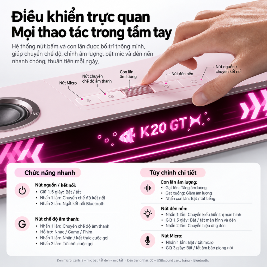 Loa Gaming MCHOSE K20 GT – Soundbar Màn Hình DIY, 4 Loa, 30W, Âm Thanh 7.1