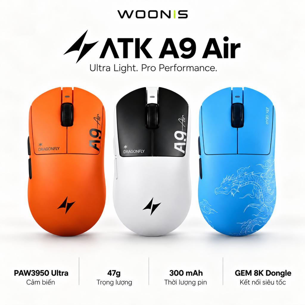 Chuột Gaming ATK A9 Air Chuột Không Dây Nhẹ 53g, Cảm Biến PAW3950 Ultra, Polling Rate 8000Hz - Hiệu Suất Đỉnh Cao Cho Game Thủ