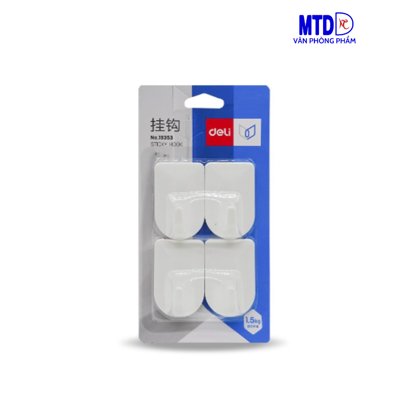 Móc treo đồ dính tường Deli , trọng lượng tối đa 1.5kg -Deli 19353  (vĩ 4 cái), Deli 19354 (vĩ 2 cái)