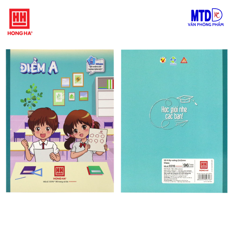 Tập/Vở học sinh Hồng Hà Class Điểm A 4 ô ly vuông, 96 trang , ĐL: 100gsm -phù hợp Miền Trung-Miền Nam