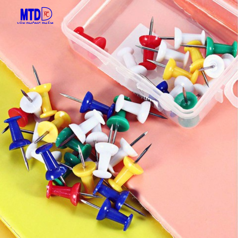 Ghim giấy  mũ nhựa màu  Deli 0021 - Đinh dù nhựa màu dùng ghim bảng nỉ [Hộp 35 cái]