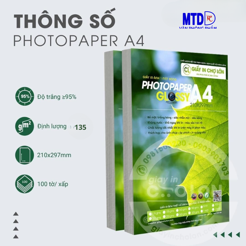Giấy in ảnh 1 mặt  A4 135/160/180/230