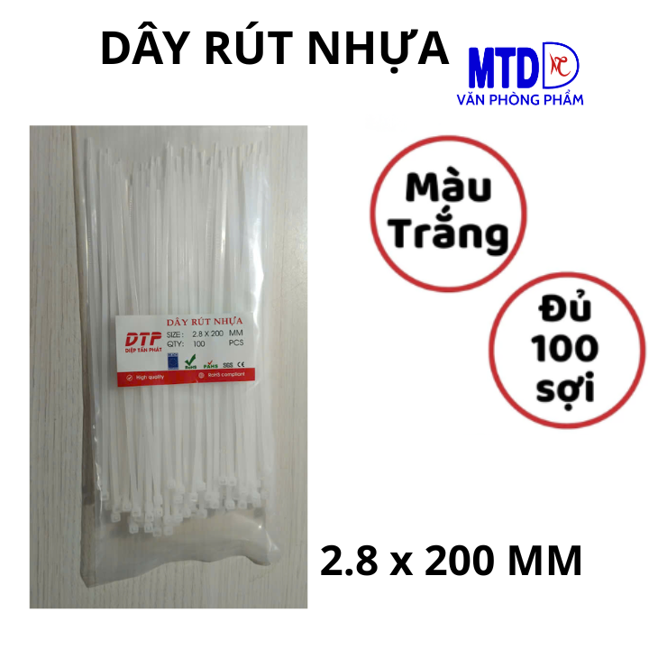 Dây rút nhựa 1.9x100mm ; 2.6x150mm ; 2.8x200mm; 3.6x20mm màu trắng