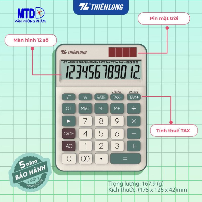 Máy tính cầm tay văn phòng Thiên Long Flexio CAL-010 :sử dụng pin và năng lượng mặt trời- màu đen