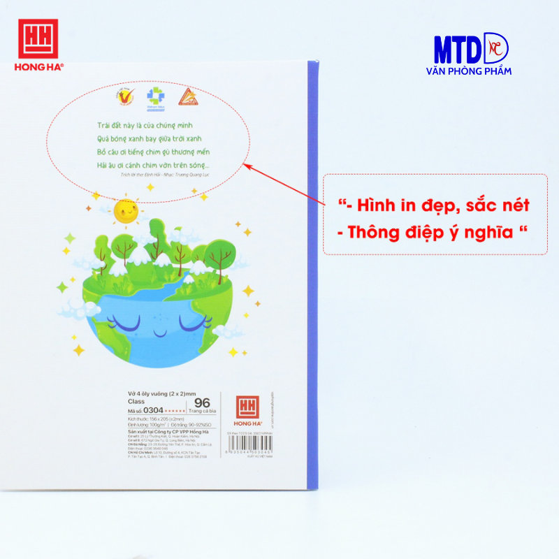 Tập/Vở học sinh  4 ô ly  vuông, 96 trang Hồng Hà Class Tương Lai Xanh - 0304,ĐL: 100gsm