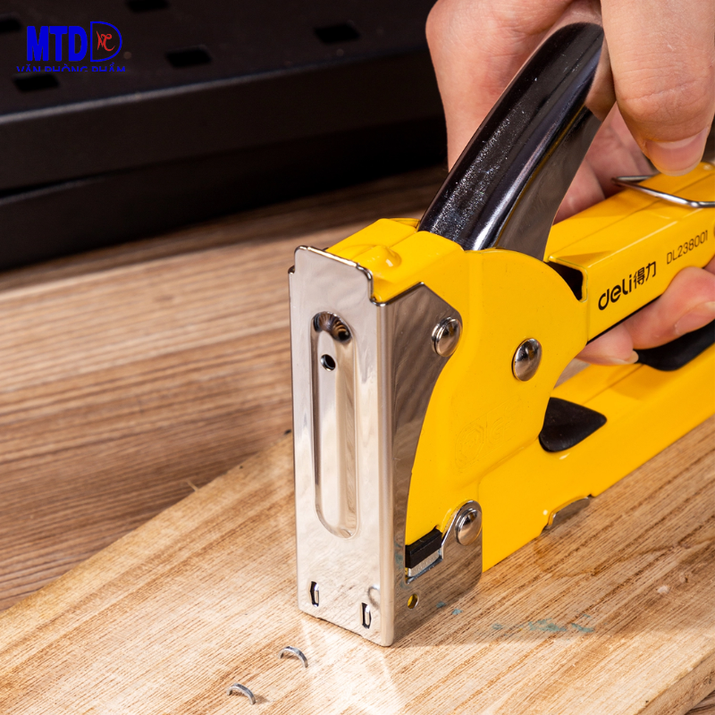 Dụng cụ (Súng) bắn ghim 4 - 8mm Deli 238001 dùng trong công xưởng  gỗ, nội thất, sử dụng  đinh  ghim  U có độ dày 0.7mm