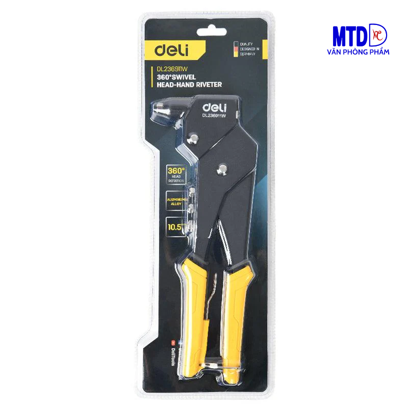 Dụng cụ  tán đinh  (Kìm rút Rive ) cầm tay đầu xoay 360° 10,5 inch  Deli -236911W dùng trong sửa chữa ô tô, gia công kim loại